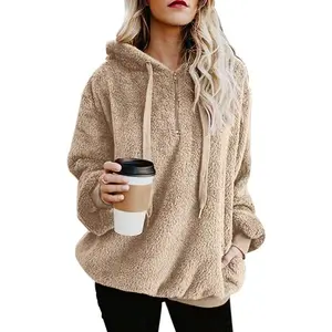 Women’s Oversized Sherpa Pullover Hoodie with Pockets — Fuzzy Fleece Sweatshirt/Fluffy Jacket/Coat