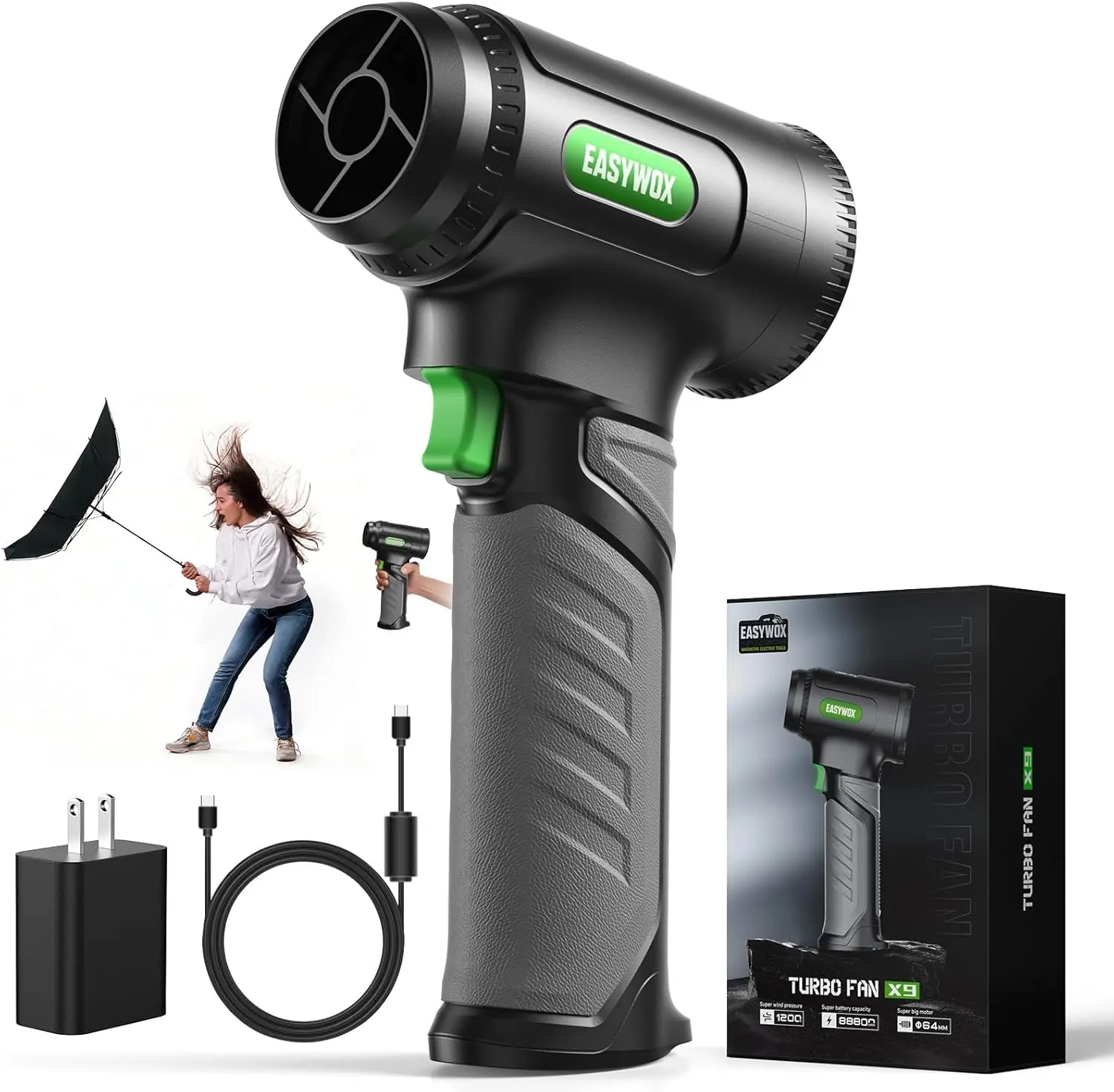 EasyWox Handheld Cordless Turbo Car Dryer，756W 1200G Turbo Air Blower for Drying Cars, Electric Leaf Blower for Patio/Lawn/Garage/Snow, 8×3000mAh Battery w/USB-C Fast Charging, Lightweight & Portable