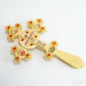 12 Inch Eastern Orthodox Blessing Cross, Gold Plated Handheld Cross with Icon, Ruby, Suitable for Clergy and Believers, Church, Wedding, Funeral, Easter