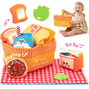 Hahaland Baby Toys 6-12 Months – Picnic Basket Sensory Toy with Crinkle, Rattles, Teether & Mirror, Montessori Play Food Plush for Early Development, Baby Shower Gift for 1+ Years Boys & Girls