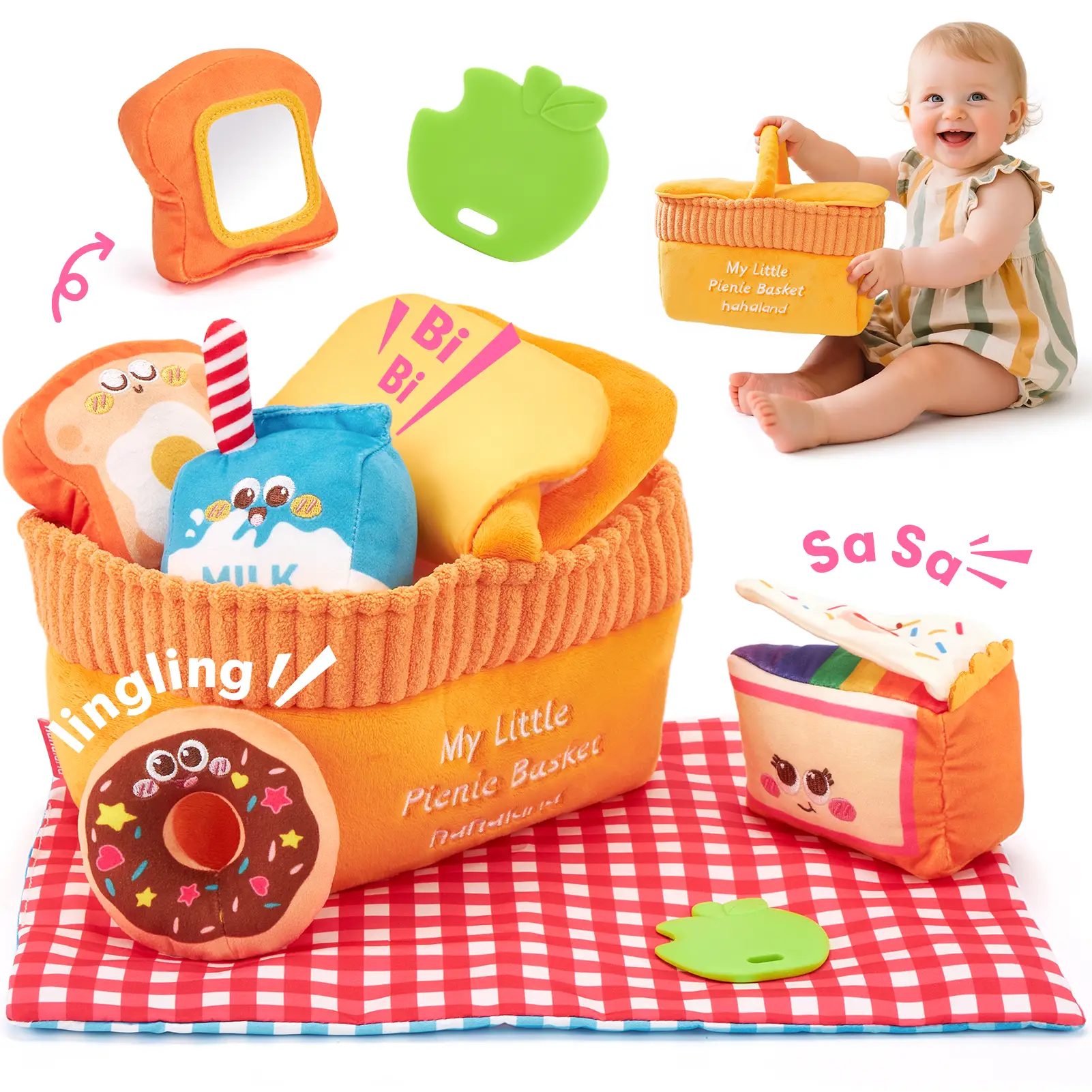 Hahaland Baby Toys 6-12 Months – Picnic Basket Sensory Toy with Crinkle, Rattles, Teether & Mirror, Montessori Play Food Plush for Early Development,