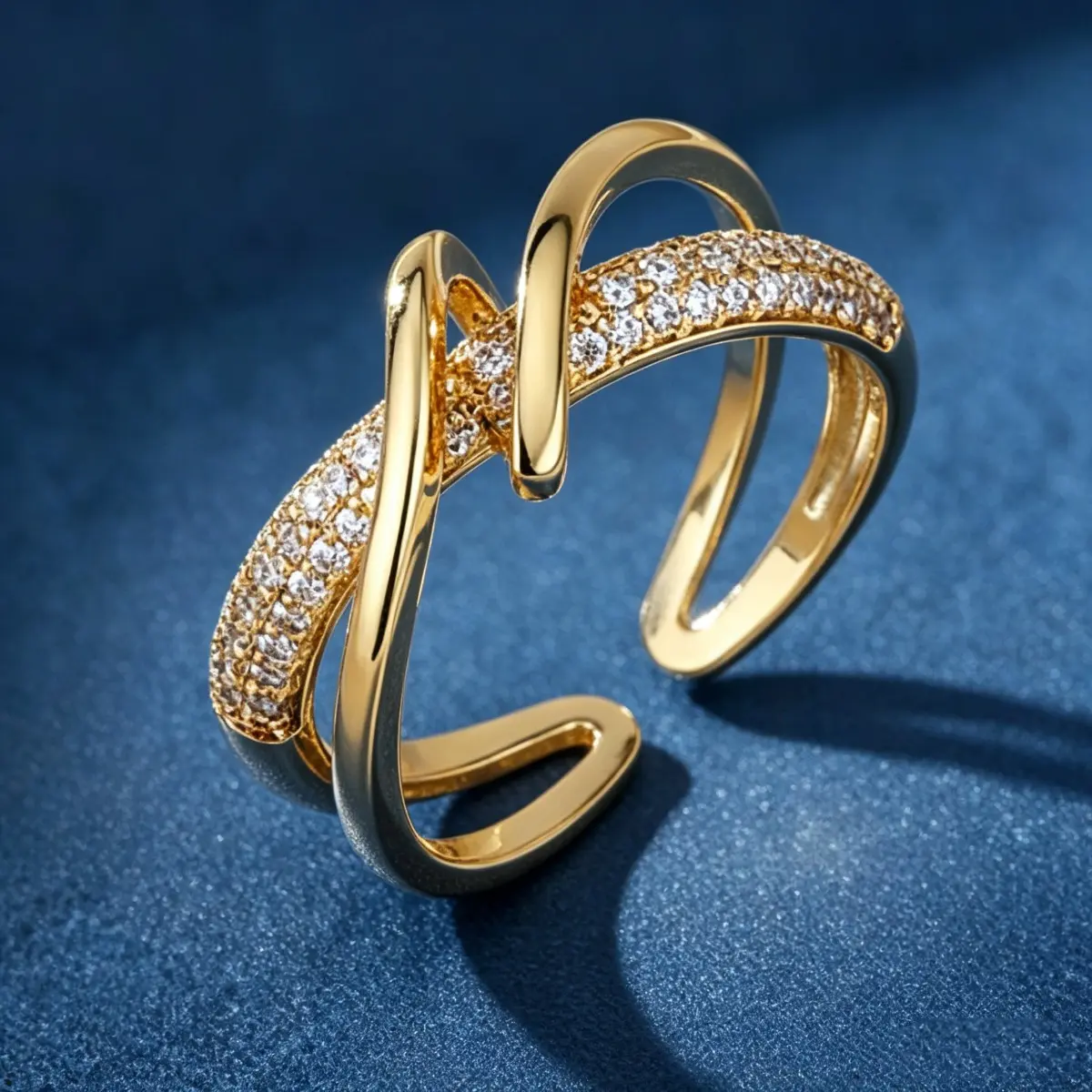 Hot-selling asymmetric cross-wound ins wind light luxury ring inlaid with zirconium opening index finger copper ring