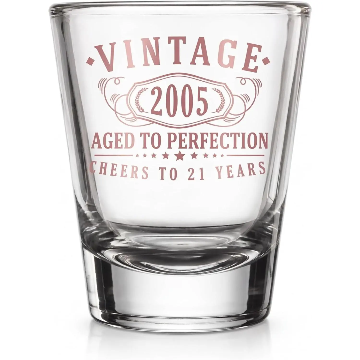 Vintage 2005 Rose Gold Printed 1.75oz Shot Glass - Glassware Drinkware for Adults, 21st Birthday Gifts, Turning 21 Party Favors, Festive Decorations