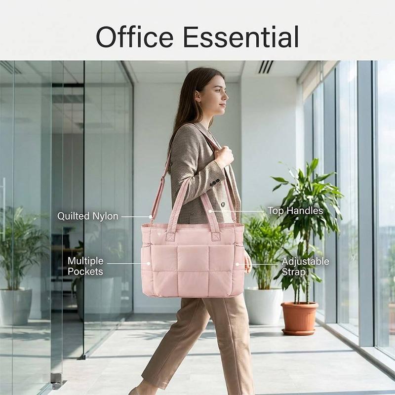 Quilted Laptop Tote Bag for Women, Womens Tote Bag,Work Tote with Luggage Strap, Multi Pocket Travel Shoulder Bag with Adjustable Strap for School Office Daily Commute
