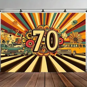 1PC,2D Flat 70th Birthday Party Backdrop Retro 70s Style, Nostalgic Car & Flower Stripe Theme Photography Background, Adult Anniversary Event Decorative Backdrop For Photo Shoots & Party Decor