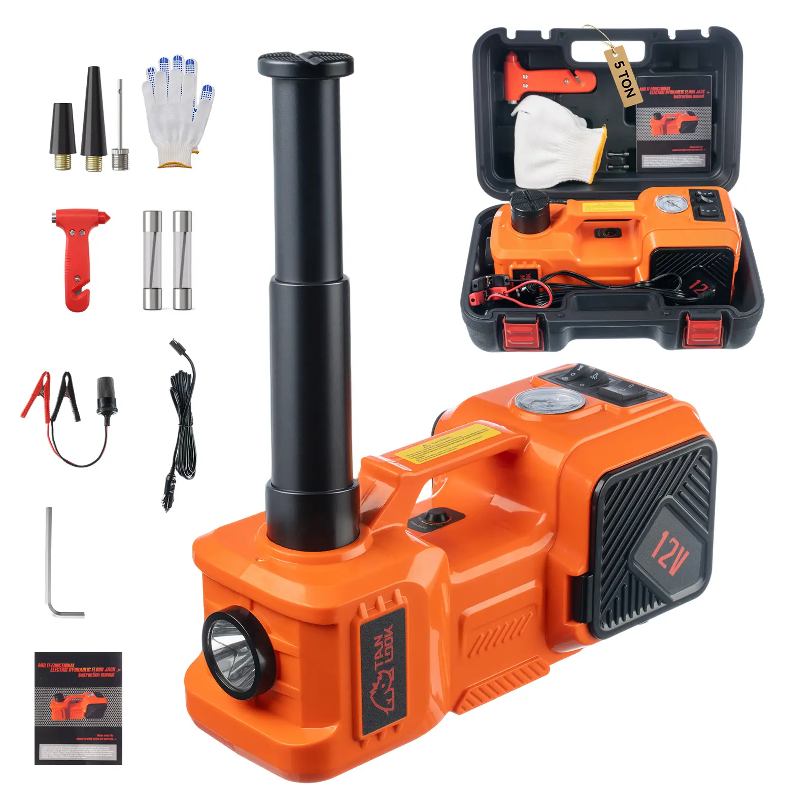 New Model Black 5-Ton Hydraulic Electric Jack with LED Light & Air Compressor Portable Air Pump for Tire Changing Inflation Versatile Tool Kit Cross Tire Inflator, Reliable Performance