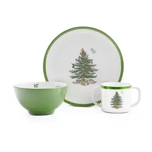 Spode Christmas Tree 3-Piece Melamine Dinnerware Set - 8" Plate, 5" Bowl, 10 Oz Mug  - Christmas Tableware with Classic Tree Motif, Dishwasher Safe
