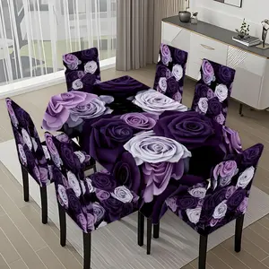 5/7-piece 2D Flat Printing Purple White Black Roses Printing Pattern Tablecloth and Chair Cover Set, for dining table and chair decoration, perfect for home, holiday gatherings, restaurants, and parties.