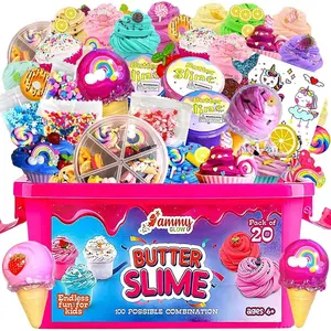 Jumbo Butter Slime Kit for Girls Ages 8-12 - w/Storage Box for 15 Colorful Slimes, 5 Crystal Slimes, Sprinkles, Charms & More Accessories - Non Toxic, Non Sticky Slime for Kids - Sensory Toys