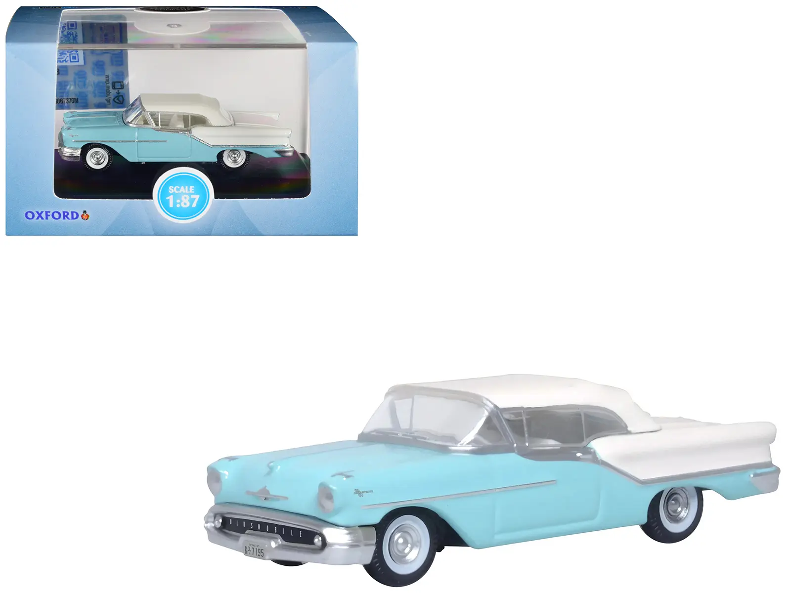 1957 Oldsmobile 88 Convertible (Top-Up) Banff Blue and Alcan White w/White 1/87 (HO) Scale Diecast Model Car by Oxford Diecast