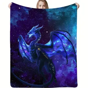 Enchanting Blue Dragon & Starry Sky Printed Flannel Blanket - Cozy, Soft Throw for Couch, Bed, Sofa, Camping & Travel - Machine Washable, All-Season Polyester