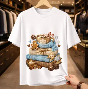 Cozy Winter Aesthetic Graphic T-Shirt | Hot Cocoa & Gingerbread Holiday Tee | Knitted Sweater Stack Design | Soft Girl Winter Vibes White Top