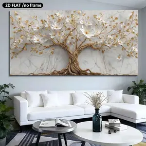 2D Flat, 1pc a Large 19.68in50cmX39.37in100cm UnFramed，Large Canvas Printing Golden Tree with White Flowers Modern Home Decoration Canvas Art Prints Suitable for Living Room Bedroom Realistic Fashion Mural Design Posters Decorative Christmas Home Relocati