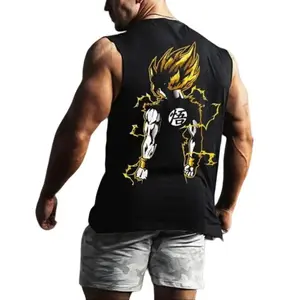 Oversize Dragon Ball Goku Print Tank Top - Super Saiyan Goku Gym Tank Top with Dynamic Aura Design & Kanji Symbol for Training Performance