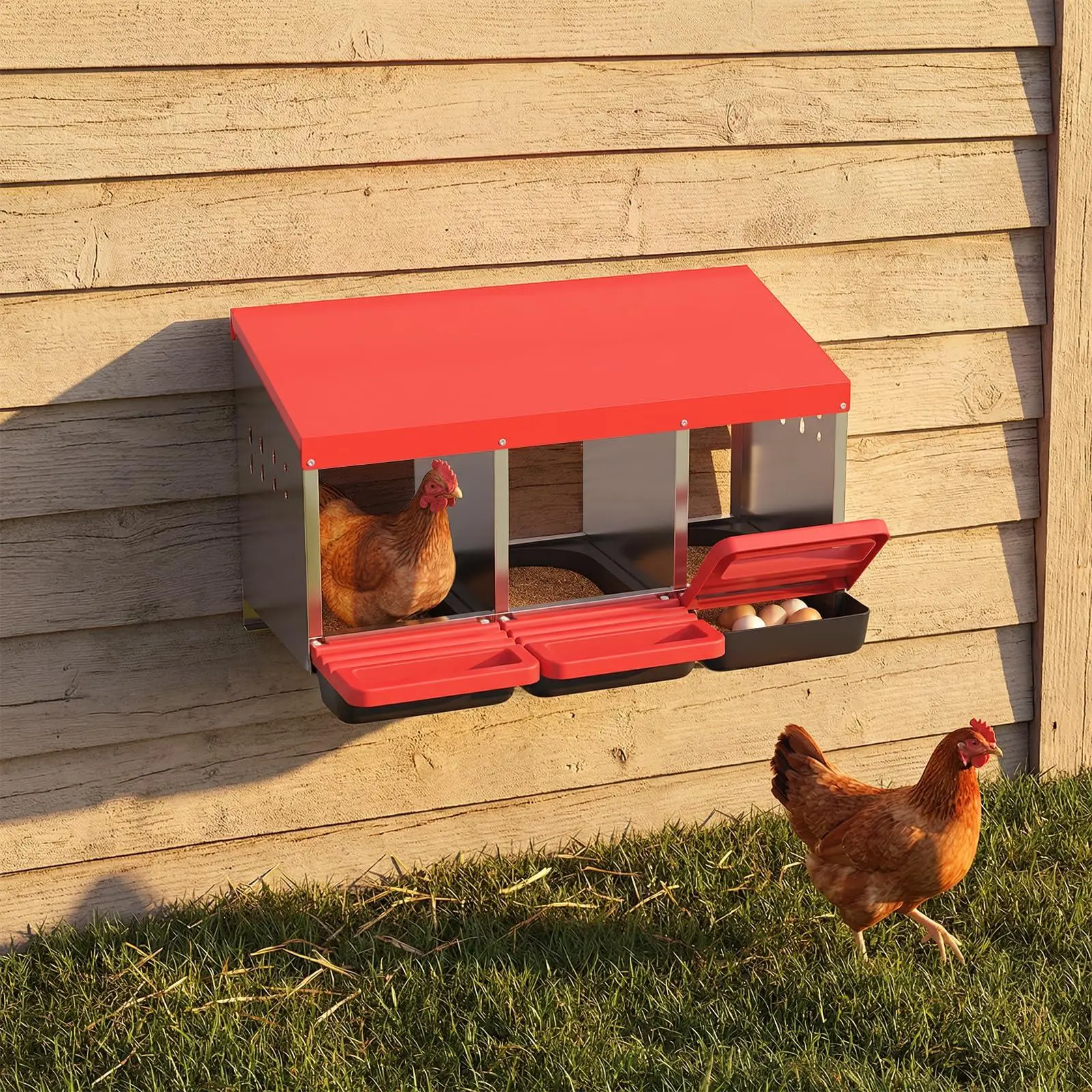 Gaomon Red 3-Hole Wall-Mounted Roll Away Chicken Nesting Box with Lid - Heavy-Duty Rustproof Galvanized Steel & Plastic, Built to Last, No Bracket Needed, 18-20in Height, Easy Assembly/Cleanup, Secure Laying, Roll-Away Tray, Hens, Farm Use
