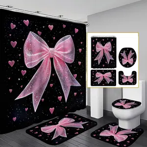 1/3/4PCS Bowknot Shower Curtain Set, 71x71 Inches, Includes Background Pattern, Comes with 12 Hooks, Bathroom Decor, 1/3/4pcs Options, Bathroom Decoration Accessories