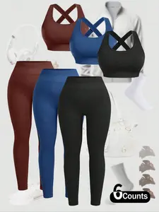 6Pcs Women's Seamless High-Elasticity Yoga Set High-Support Cross-Strap Detachable Sports Bra & Solid-Color High-Waist Tucked Abdomen Leggings Athletic Sportswear Gym Clothes Multi-Color Options Black Blue Brown