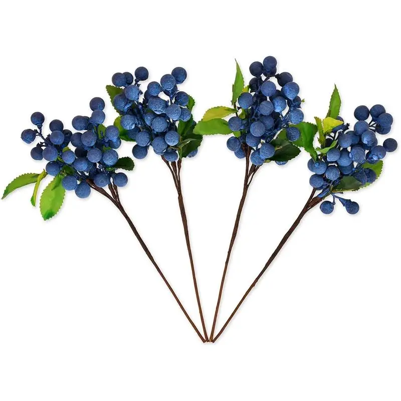 Artificial Blueberries 4 Pieces Lifelike Faux Fruit Berries Fake Flowers for Decoration (Blue)