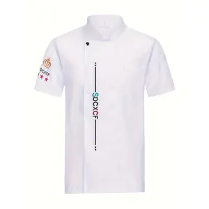 Men's Navy Blue Short Sleeve Chef Coat - Classic Stand Collar Workwear with Star & SXXD Design, Machine Washable Non-Stretch Fabric for Restaurant, Hotel, Baker & Waiter Uniforms