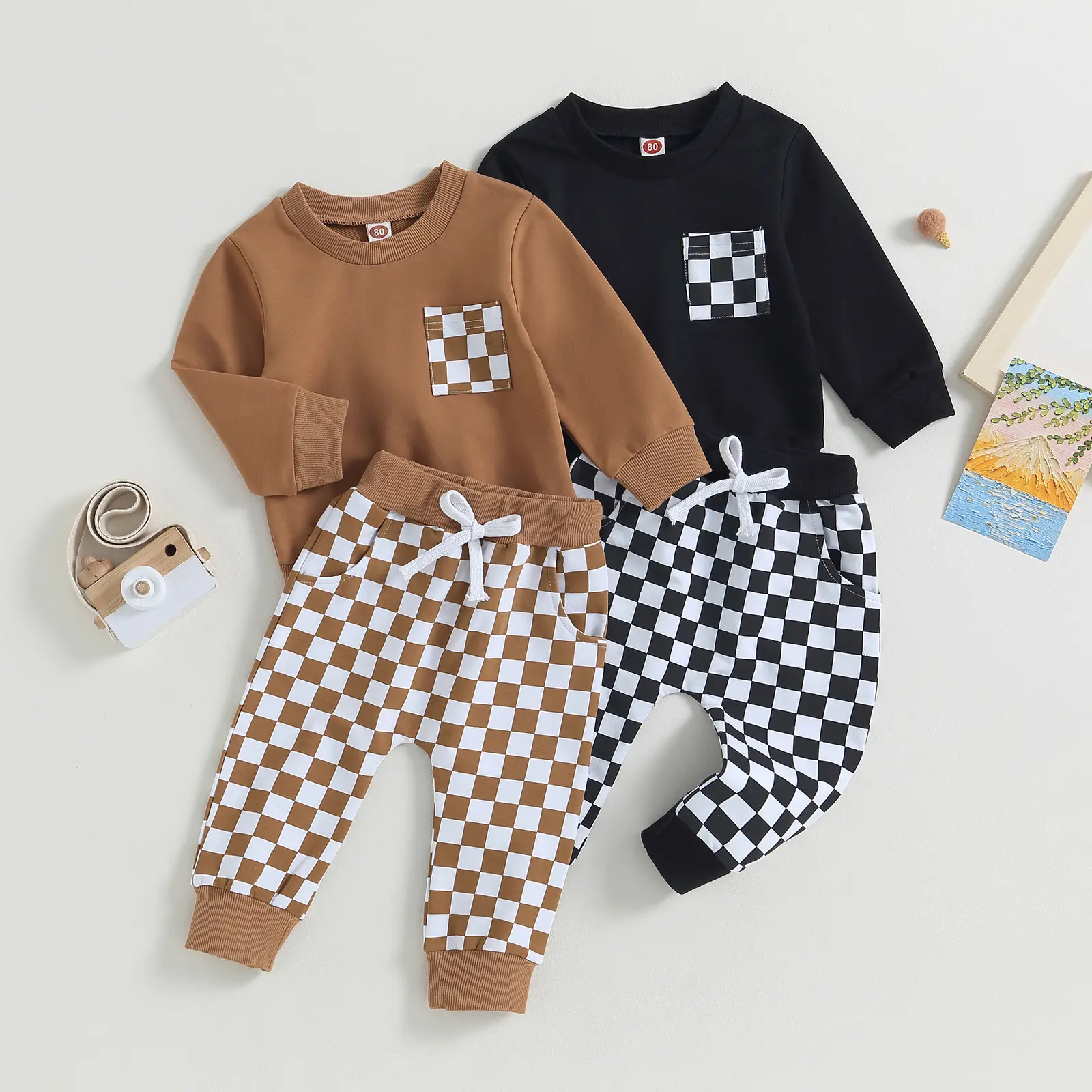 Baby Boy Fall Outfits Checkered Plaid Pullover Sweatshirt Top Pants Set Trendy Toddler Checkerboard Outfit