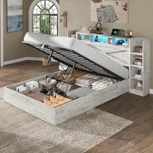 AMERLIFE Lift Up Storage Bed Frame, 45.1" LED Bed Frame with 2 Side Shelf & Bookcase Headboard, Farmhouse Wood Platform Bed with Charging Station, No Box Spring Needed