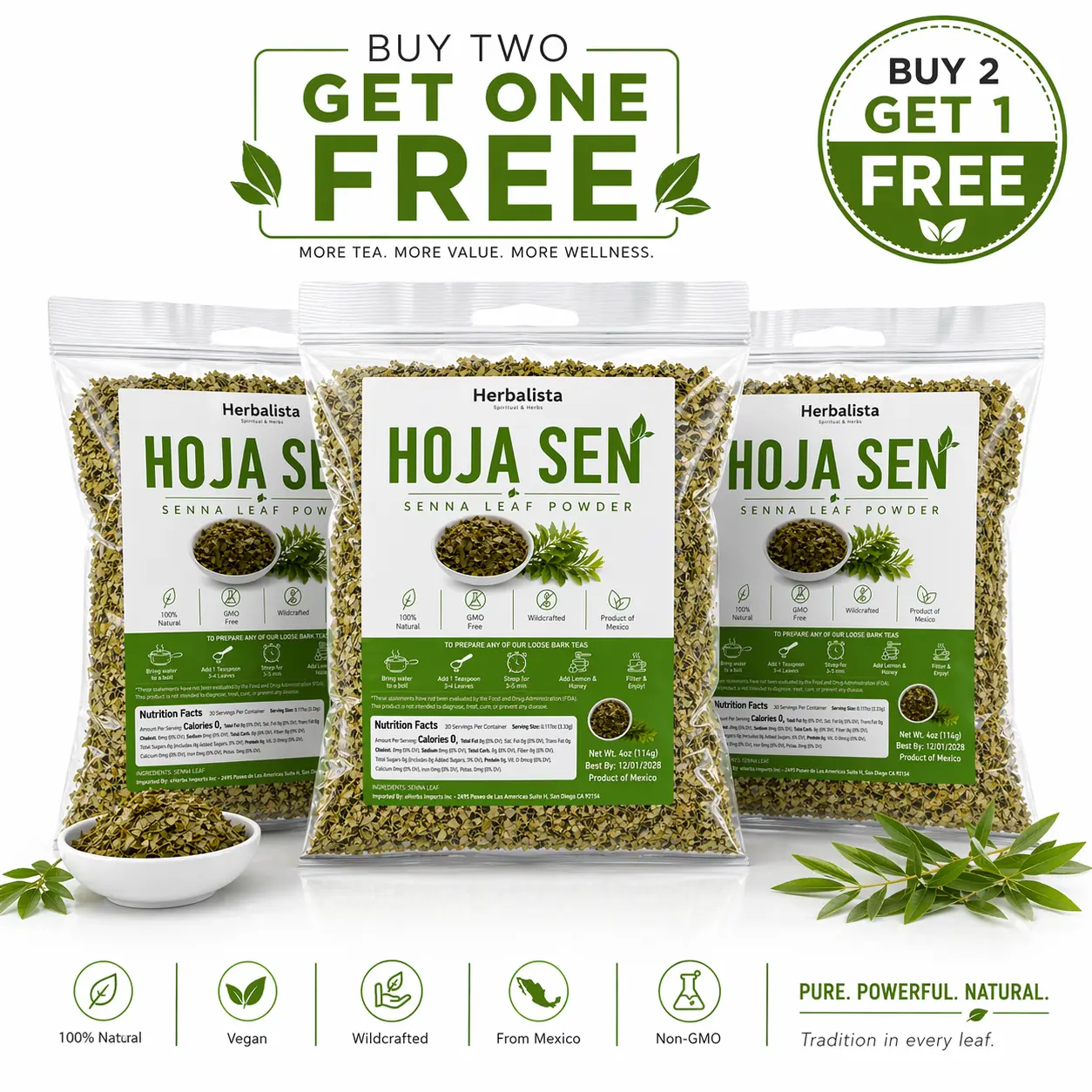 [Buy Two, Get One] Three Bags - Viral Hoja Sen (Senna Loose Leaf Herbal Tea) - 4oz (114g) Each - Premium Wildcrafted Herbal Tea, 100% Natural, Vegan, Non-GMO – Authentic Mexican Senna Leaves for Traditional Herbal Infusions