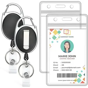 2 Pack ID Badge Holder with Retractable Badge Reel Clear Vertical ID Card Holder with Heavy Duty Carabiner Badge Reel with 24 Inches Pull Cord Retractable Badge Holders
