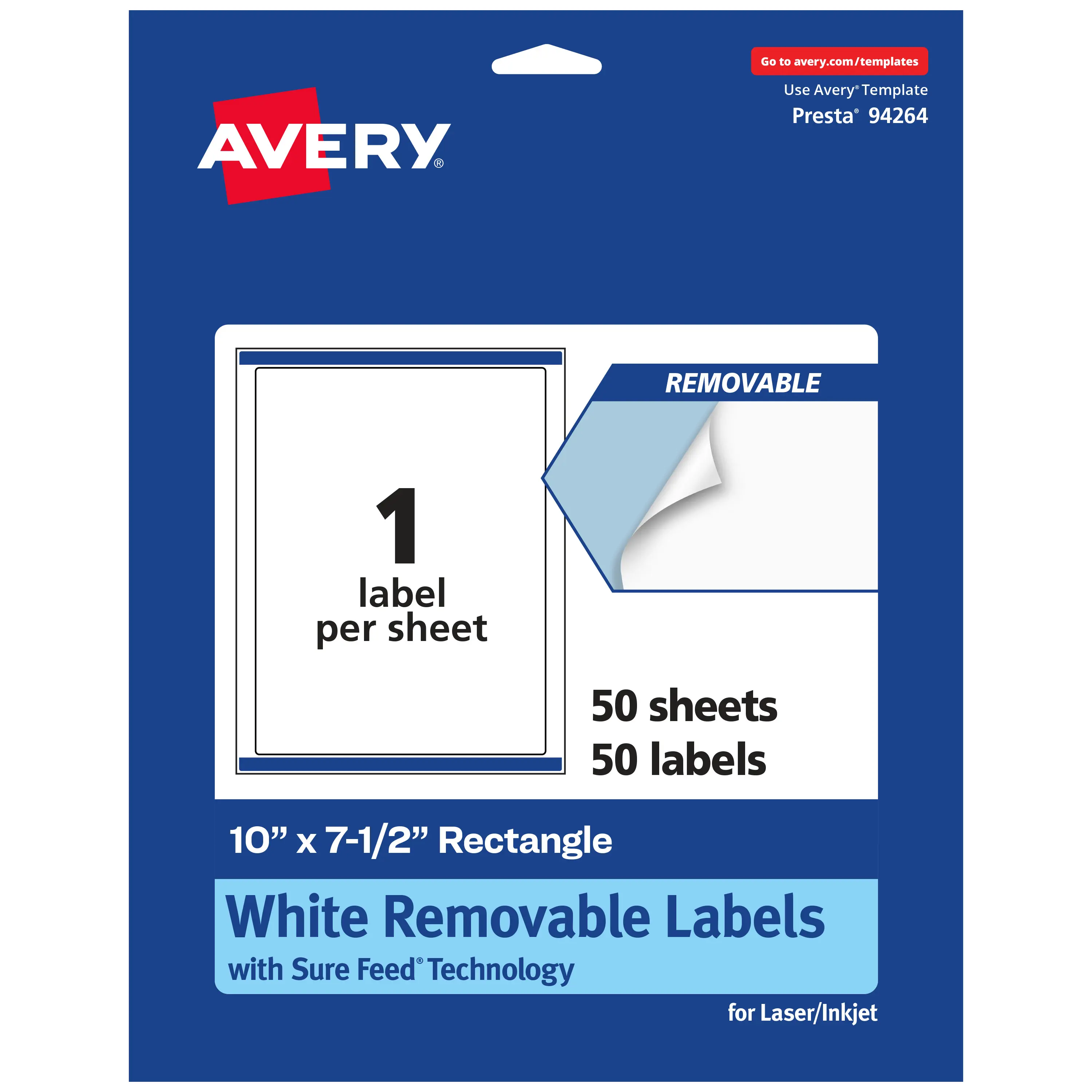 Avery Matte White Removable Rectangle Labels with Sure Feed Technology, 10" x 7.5"