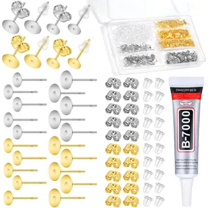 Anezus Jewelry Glue with 600pcs Stainless Steel Earring Posts and Backs - Silver and Gold Posts with Rubber Backs for Jewelry Making