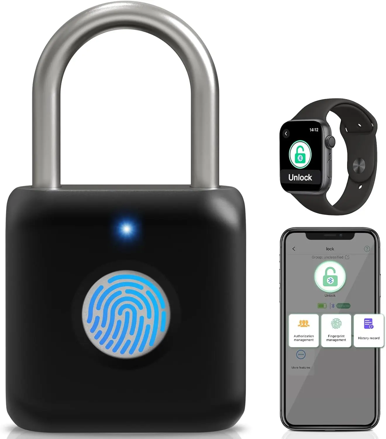 Fingerprint Padlock,   Padlock, Locker Lock, Fingerprint Lock with APP Unlock, USB Rechargeable, Suitable for Gym Locker, Door(Black)