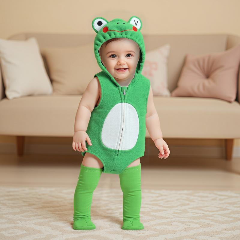 Newborn Baby Boy Girl Halloween Costume Frog Costume Sleeveless Hood Zipper Romper and Solid Socks Baby Halloween Outfit