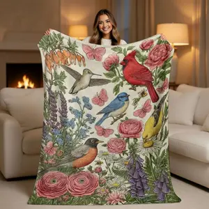 Vintage Wildflower & Birds Blanket - Aesthetic Cottagecore Floral Throw - Ultra Soft Plush Fleece - Gift for Nature Lovers, Gardeners & Bird Watchers