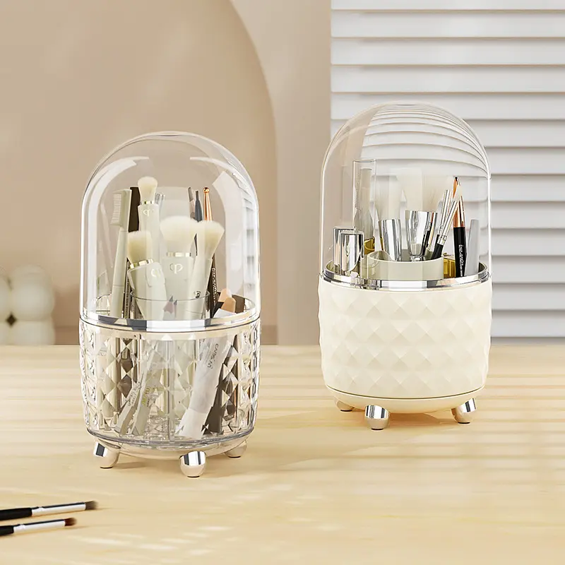 Light Luxury Makeup Storage Organizer with Transparent Lid, 360° Rotation Desktop Vanity Compartment Tube for Eyebrow Pencils, Lipsticks, Bedroom/Bathroom Everyday Use