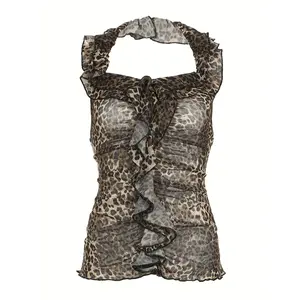 Y2g Women's Leopard Print Halter Top | Ruffle Sleeveless Transparent Mesh Waistcoat with Pleated Details | Polyester Elastic Fiber Blend | Translucent, Machine Washable | Summer Fashion Essentials, Summer Fashion Tops | Transparent Style | Polyester Fiber