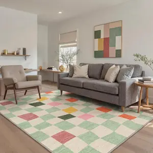 【Deals For You Days】GENIMO Washable Rug Non Slip Low Pile Lightweight Warped Check Print Pattern Area Rugs for Living Room, Bedroom, Dining Room, Indoor Modern Minimalist Home Decor Sage Beige