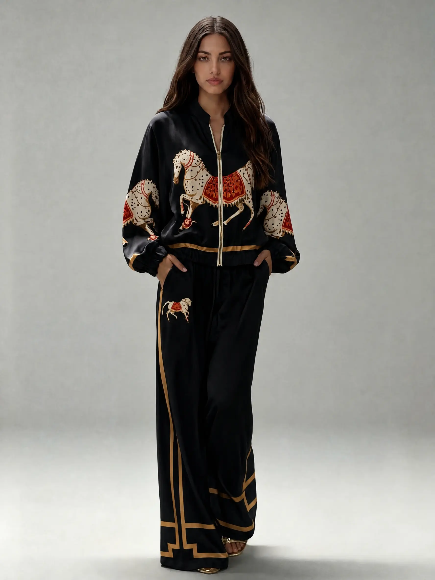 LikeMyChoice Women 2 Piece Matching Set Horse Print Zip‑Up Bomber Jacket & Wide Leg Pants Luxury Retro Track Suit Vacation Outfit
