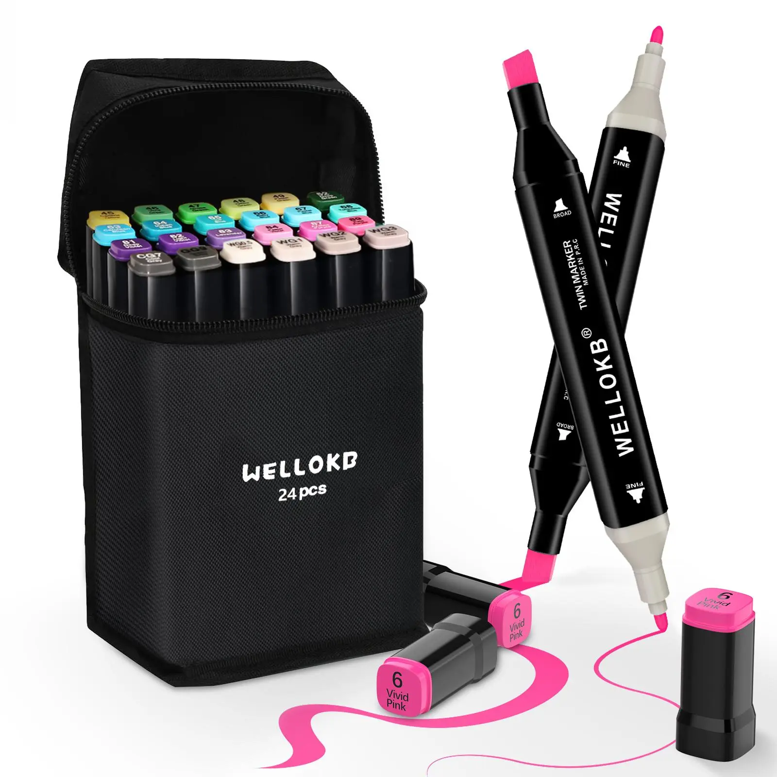 WELLOKB 24-Pcs Dual Tip Alcohol Markers Set, Acrylic Paint Markers, Office Stationery, Artist Supplies, Ideal Gift for Book Coloring, Dual Tip Markers