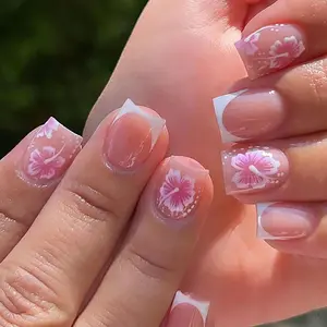 24pcs Short Square Flower French Nail Tips, Glossy Press-On False Nails, Full Coverage, Removable, Y2K Acrylic Nails for Women Girls, Stylish Acrylic Nails