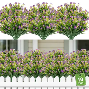 10 Bundles Artificial Flowers for Outdoors Decoration, Faux Plants Fake Silk Colorful Daisy Eucalyptus Lavender, UV Resistant for Outside Home Porch Patio Indoor Spring Decor, purple