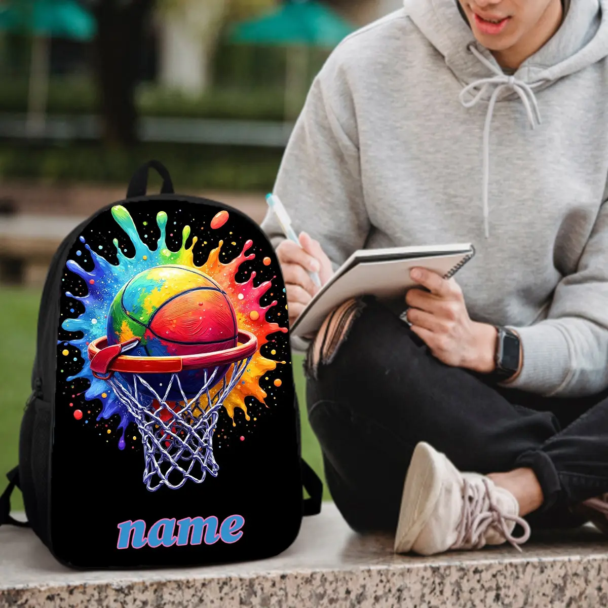 1 2D printed custom name basketball pattern backpack, bright cartoon design, large capacity casual backpack, with water bottle holder, adjustable shoulder strap, lightweight and durable, suitable for school, work, travel, fitness