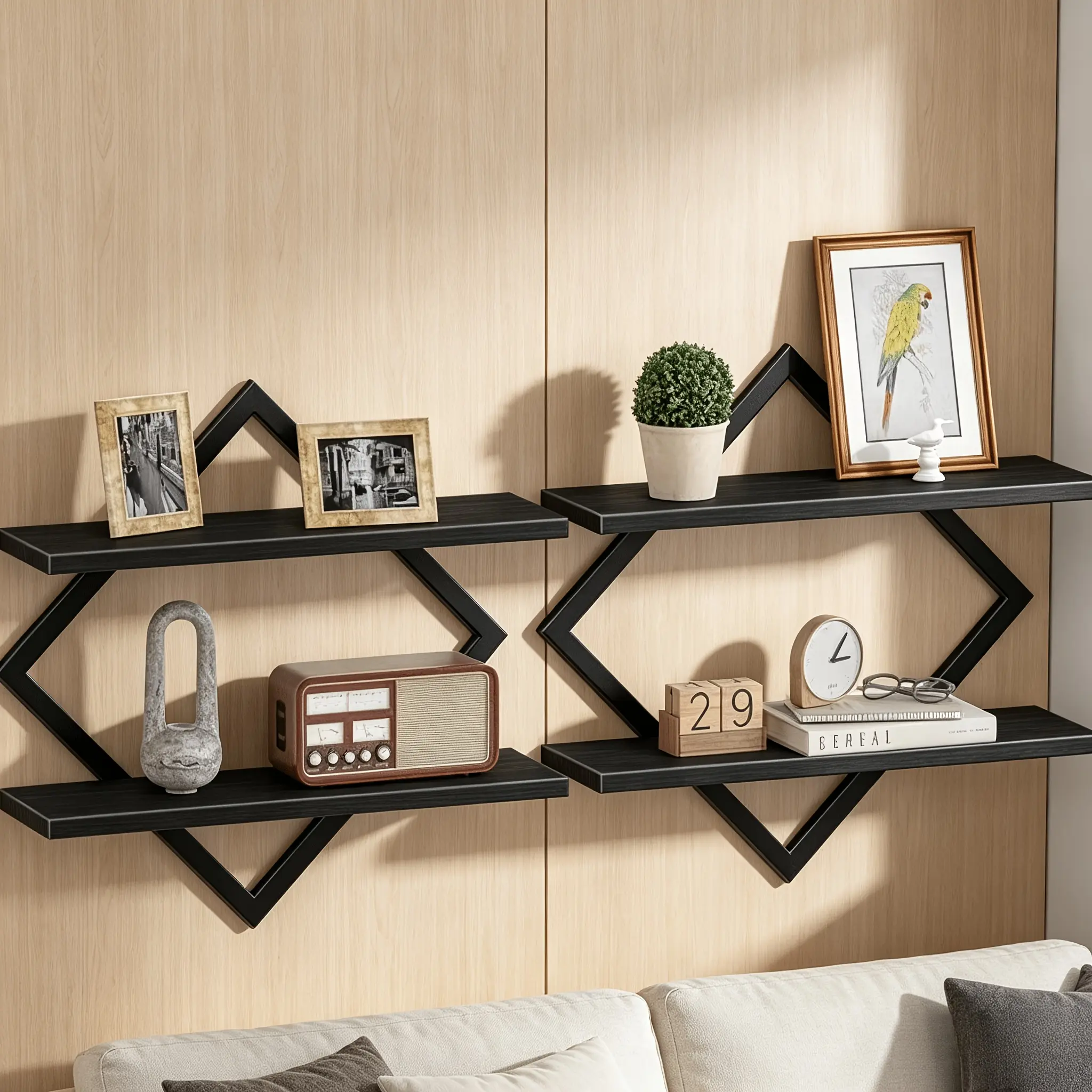 Floating Shelves Set of 2, 2-Tier Wall Mounted Hanging Storage Shelves, Rustic Brown Wall Display Racks, Easy Install Wall Floating Organizer, Multifunctional Wall Shelf for Living Room Bedroom Kitchen Office Study Home Decor Storage Furniture
