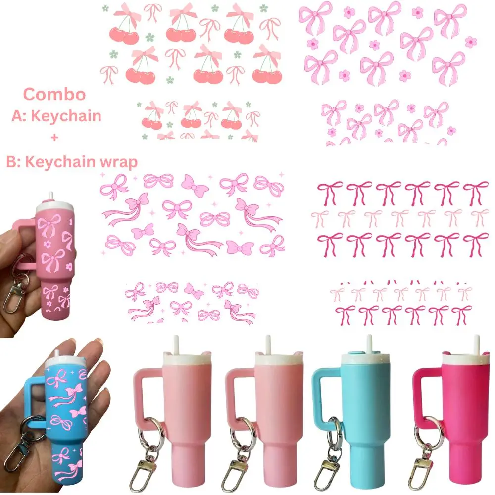 Mini Cup Keychain Set, Cute Soft Keychains, Keychain Kawaii, Trendy Keychain, 4pcs Keychain & 4pcs UV DTF Bow Print Transfer, DIY Craft Kit for Handbag Charm, Backpack Keychain, Tumbler Decor, Keychain Accessory, Charms Keychain