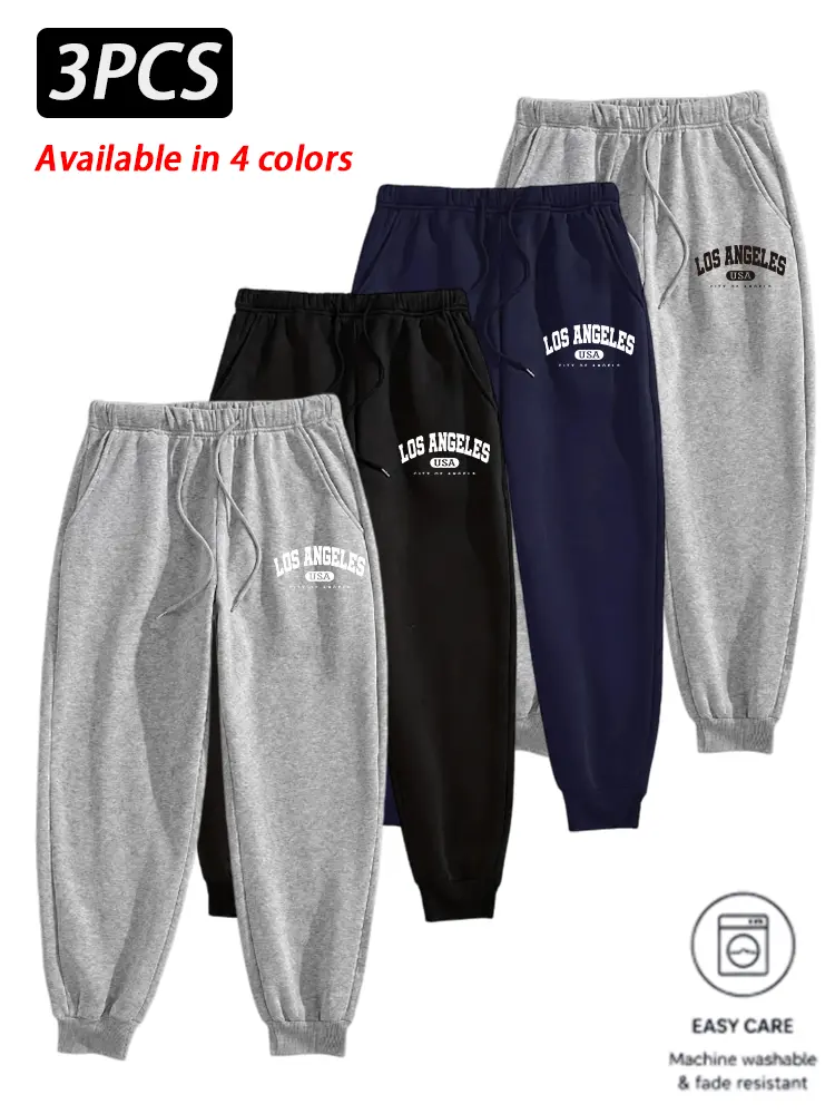 Men's Graphic Jogger Sweatpants with Elastic Drawstring Waist, Side Pockets and Ribbed Cuffs, Casual Athletic Lounge Pants with Los Angeles Letter Print for Daily Wear, Available in 1, 2 or 3 Packs
