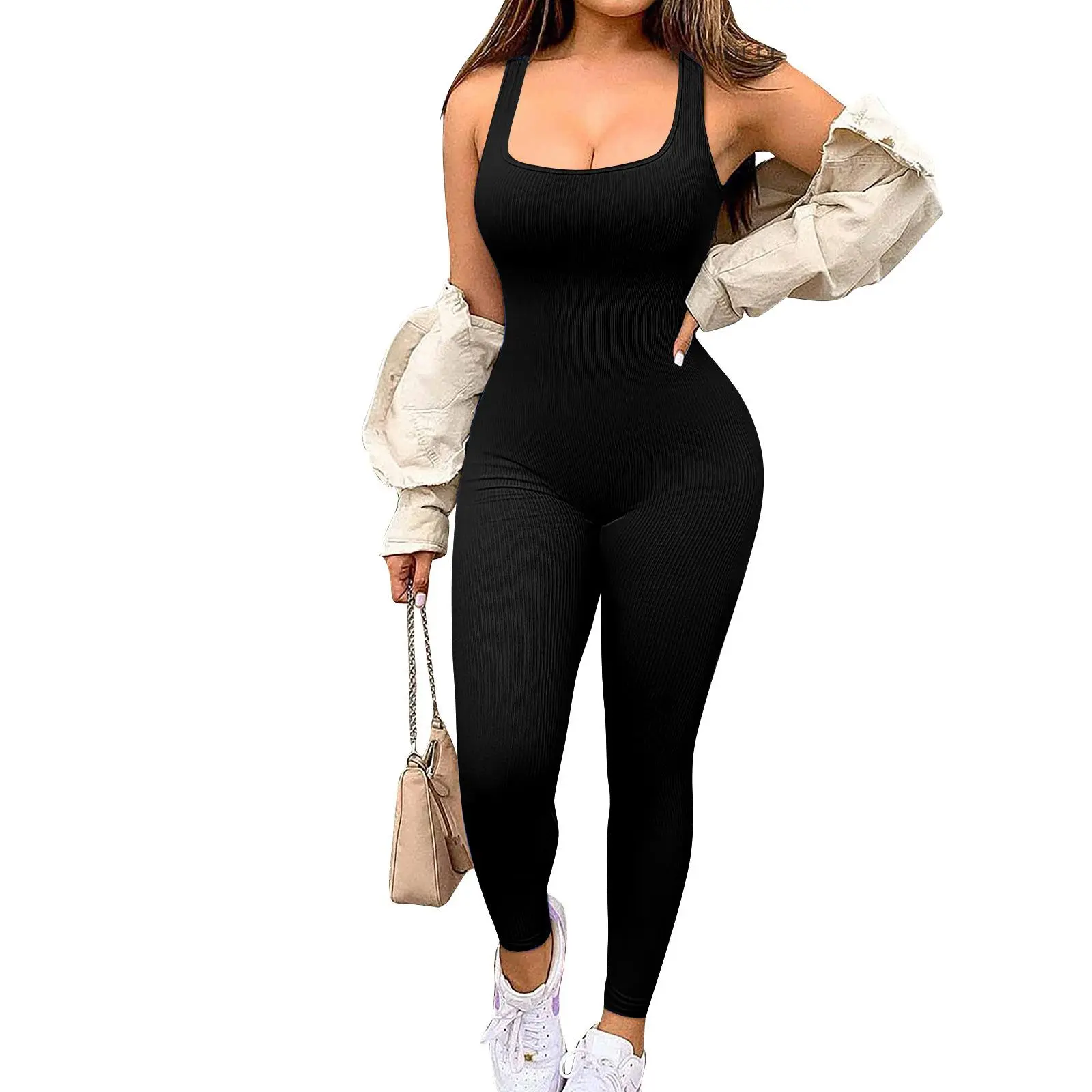 Arsoxy Womens Workout Rompers Jumpsuits Seamless Ribbed Yoga Gym One Piece Sleeveless Square Neck Tank Top Leggings