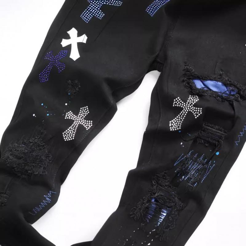 European and American High Street Black Cross Badge Rhinestone Distressed Jeans Men's Slim Fit Casual Long Pants Trendy Brand Streetwear Menswear