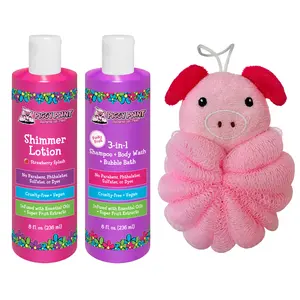 Piggy Paint Bath Besties Bundle - Shimmer Lotion, 3-in-1 Shampoo Body Wash Bubble Bath & Piggy Pouf for Kids