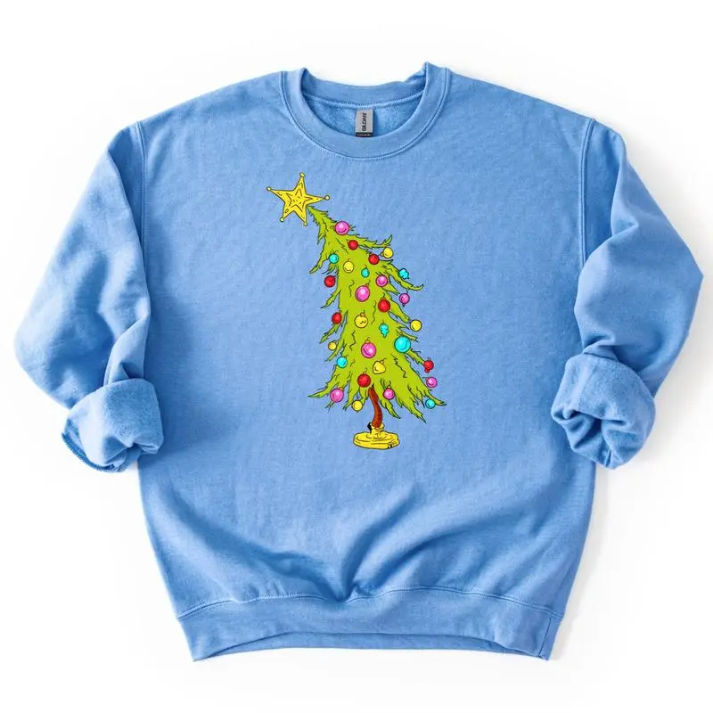 Unisex Christmas Tree Sweatshirt, Oversized Cotton-Polyester Blend Holiday Pullover, Casual Long Sleeve Crewneck, Graphic