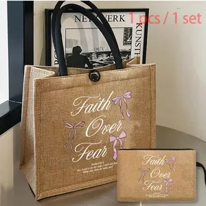 Believing In Pink Bow Letter Printing  Linen Handbag, The Lord Is With Me, Letter Printed Tote Bag With Clutch Zipper Storage Pouch, All-Match Women's Bag, Birthday, Party, Festival Gift,Christian Themed Tote Bag And Makeup Pouch Set, Handmade Tote Bag
