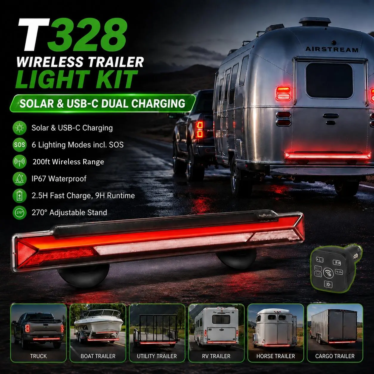 T328 Wireless Trailer Light Bar with Solar & USB-C Charging, Magnetic Suction Mount Tail Brake Turn Signal Reverse Warning Light, 200FT Signal Monitor for Truck RV Boat Cargo Trailer campingessentials