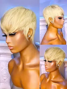 613 Blonde Color Straight Human Hair Wig for Women Pixie Cut Wig Christmas Wig Full Machine Made Wig 150% Density 6 Inch